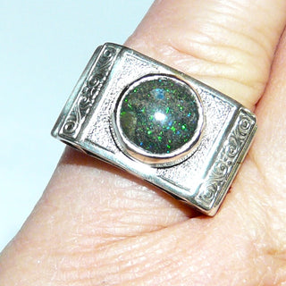 Handarbeit Unikat-Ring mit australischer Opal-Matrix / Muttergestein in grün-blau, ovaler Cabochon, 925 Silber mit Schnörkel-Ornamenten, Ringweite 55,5 - Unikate + Einzelstücke nur im Onlineshop von Goldschmiede Danilo!