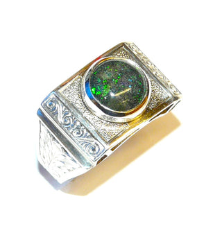 Handarbeit Unikat-Ring mit australischer Opal-Matrix / Muttergestein in grün-blau, ovaler Cabochon, 925 Silber mit Schnörkel-Ornamenten, Ringweite 55,5 - Unikate + Einzelstücke nur im Onlineshop von Goldschmiede Danilo!