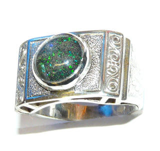 Handarbeit Unikat-Ring mit australischer Opal-Matrix / Muttergestein in grün-blau, ovaler Cabochon, 925 Silber mit Schnörkel-Ornamenten, Ringweite 55,5 - Unikate + Einzelstücke nur im Onlineshop von Goldschmiede Danilo!
