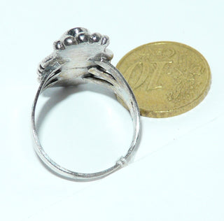 Einzelstück, Statement-Ring "Seeopal" aus 925 Silber mit einem langgezogenen Oval aus grün-blau-violett schimmernden Perlmutt der Paua-Muschel, mit Verzierungen aus Kordelrand + Kugeln, Ringweite 61 -	Einzelstücke nur erhältlich bei www.danilogold-shop.de