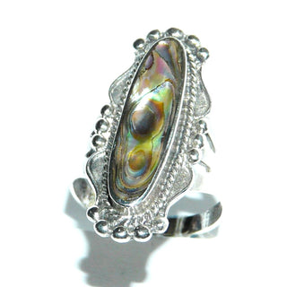 Einzelstück, Statement-Ring "Seeopal" aus 925 Silber mit einem langgezogen Oval aus dem grün-blau-violett schimmernden Perlmutt der Paua-Muschel, mit Verzierungen aus Kordelrand + Kugeln, Ringweite 61 - Einzelstücke nur erhältlich bei www.danilogold-shop.de