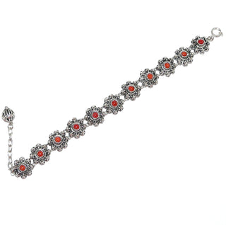 filigranes Einzelstück, Trachtenschmuck, filigranes Korallen-Armband in Filigrantechnik gefertigt, 11 Rosetten mit Kugeln aus 835 Silber, in den Tiefen geschwärzt, Oberfläche hell poliert, Naturkoralle, Länge 18 cm + Verlängerungskette mit zierlichem Endstück insgesamt bis auf 21 cm zu verlängern. Dazu passen Vin 0098-99, Art-Deco um 1920 -	Vintage-Schmuck nur im Onlineshop von danilogold!