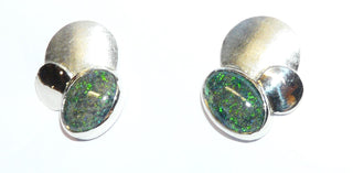 Handgearbeitete Einzelstücke, Unikat Opal-Ohrstecker aus 925 Silber mit je einem grünen australischen Matrix-Opal als ovaler Cabochon geschliffen+ je zwei Kreis-Elementen in matt + poliert, paßt zu Anhänger An 0161 + Ring Opal 0128 -	Unikatschmuck nur erhältlich im Onlineshop von Juwelier & Goldschmiede Danilo! 