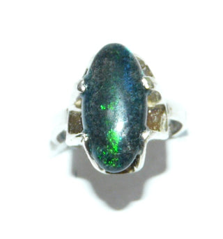 Einzelstück, Unikat Opal-Ring aus 925 Silber mit einem blau-grünen, lang-ovalen, australischen Matrix-Opal, asymmetrische Krappen-Bogenfassung aus Mexico, schmale Ringschiene, Ringweite 53 -	Unikatschmuck nur erhältlich im Onlineshop von Juwelier & Goldschmiede Danilo! 
