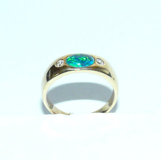 Handgefertigtes Einzelstück, Unikat-Ring, klassischer Bandring aus massivem 585 Gold mit einer australischen, herrlich blau-grün-schillernden, ovalen Opal-Triplette sowie 2 Brillanten von zusammen 0,10 Karat, Ringweite 53, auch als Herrenring geeignet -	Handgefertigter Schmuck nur erhältlich bei www.danilogold-shop.de 