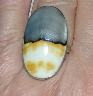 Einzelstück, Unikat-Ring "Nautilus" aus 925 Silber mit einer langovalen Nautilus-Muschel, blaugrau schillernder Perlmutt-Himmel + sandbraune Matrix der Muschel als Strand, Ringweite verstellbar ca. 61 -	Unikatschmuck nur erhältlich im Onlineshop von Juwelier & Goldschmiede Danilo! 