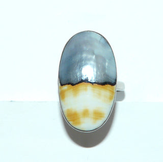 Einzelstück, Unikat-Ring "Nautilus" aus 925 Silber mit einer langovalen Nautilus-Muschel, blaugrau schillernder Perlmutt-Himmel + sandbraune Matrix der Muschel als Strand, Ringweite verstellbar ca. 61 -	Unikatschmuck nur erhältlich im Onlineshop von Juwelier & Goldschmiede Danilo! 