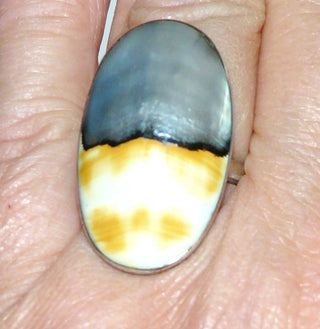 Einzelstück, Unikat-Ring "Nautilus" aus 925 Silber mit einer langovalen Nautilus-Muschel, blau-grau schillernder Perlmutt-Himmel + sandbraune Matrix der Muschel als Strand, Ringweite verstellbar, da unten offen, momentane Ringweite ca. 61 - 	Unikatschmuck nur erhältlich im Onlineshop von Juwelier & Goldschmiede Danilo! 