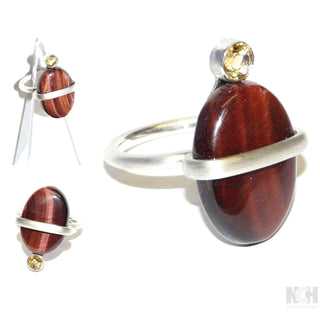 Einzelstück, Handarbeit, Ring aus 925 Silber mit einem rotbraunen, ovalen Ochsenauge Bulls Eye + einem kleinen runden facettierten Citrin, ca. 26,9 mm x 17,7 mm, Ringweite 61,5 
-	Handgefertigter Schmuck nur erhältlich bei www.danilogold-shop.de 