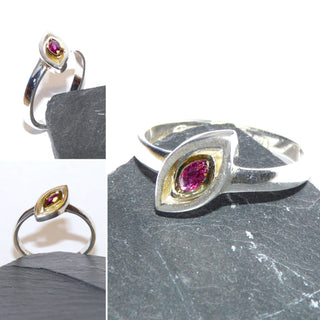 Einzelstück, Handarbeit, zarter Ring aus 925 Silber + einem facettiertem Rubin in Navette-Form gehalten in einer Fassung aus 585 Gold, 12,4 mm x 6,8 mm -	
-	Unikatschmuck nur erhältlich im Onlineshop von Juwelier & Goldschmiede Danilo! 
