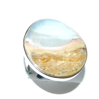 Einzelstück, Unikat-Ring "Südseestrand" aus 925 Silber mit Südseemuschel, weißer Perlmutt-Himmel mit bläulichem Schimmer + sandbraune Matrix als Strand, Ringweite verstellbar ca. 57 -	Unikatschmuck nur erhältlich im Onlineshop von Juwelier & Goldschmiede Danilo! 