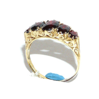 antikes Einzelstück, Viktorianischer Granatring aus 375 Gold, 5 ovale Granate im& Größenverlauf in Krappenfassungen, Granate in einer Reihe quer nebeneinander, Ringweite 55,5, "Graduated-Five-Stone", "Half-Hoop-Ring" Viktorianisch Birmingham 1878 - Goldschmiede Danilo