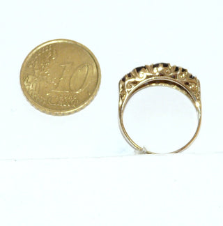 antikes Einzelstück, Viktorianischer Granatring aus 375 Gold, 5 ovale Granate im& Größenverlauf in Krappenfassungen, Granate in einer Reihe quer nebeneinander, Ringweite 55,5, "Graduated-Five-Stone", "Half-Hoop-Ring" Viktorianisch Birmingham 1878 - Goldschmiede Danilo