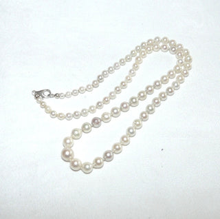 Einzelstück, Vintage-Akoja-Perlenkette, weiß mit einigen zart grauen Perlen dazwischen, geknotet, rund gerfomt, sehr schöner Glanz, Gesamtlänge 50 cm, von 3,9 mm auf 7,8 mm Durchmesser, Verschluß Silber, um 1950 -	Unikate und Pretiosen nur erhältlich im Onlineshop der Goldschmiede Danilo!