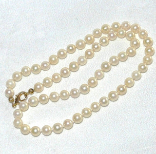 Einzelstück, Vintage-Akoja-Perlenkette in champagner-gold, geknotet, rund, schöner Glanz, Gesamtlänge 41 cm, 5,7-5,9 mm Durchmesser, Verschluß Gold-Doublé, um 1950 -	Vintage-Schmuck nur im Onlineshop von danilogold!