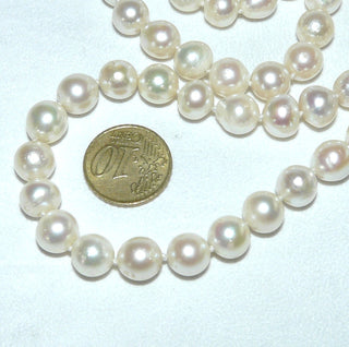 Einzelstück, Vintage-Akoja-Perlenkette, zart creme-rosé, geknotet, baroque gerfomt, sehr schöner Glanz, Gesamtlänge 51 cm, 9-9,5 mm Durchmesser, Verschluß Silber, um 1970 - Unikate und Pretiosen nur erhältlich im Onlineshop der Goldschmiede Danilo! 