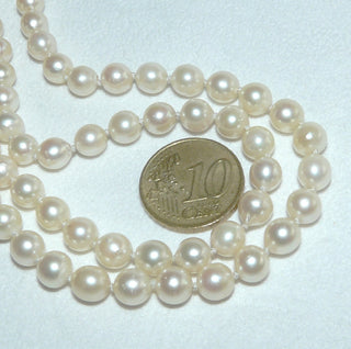 Einzelstück, Akoja-Perlenkette, zart champagner-farben, geknotet, rund, schöner Glanz, Gesamtlänge 48 cm, 6,3 mm - 6,7 mm Durchmesser, Karabiner-Verschluß aus Silber, um 1960 -	Nur erhältlich im Onlineshop von Juwelier & Goldschmiede Danilo!