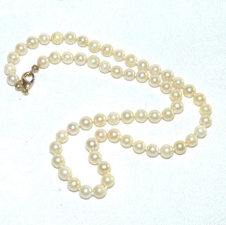 Einzelstück, japanische Vintage-Akoja-Zuchtperlenkette in champagner-gold, geknotet, rund, schöner Glanz, Gesamtlänge 41 cm, 5,7-5,9 mm Durchmesser, Verschluß Gold-Doublé, um 1950 - Vintage-Schmuck nur im Onlineshop von danilogold!