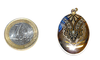 Medaillon zum Öffnen für die Aufbewahrung von Fotos, Anhänger aus der Zeit des Biedermeier, verziert mit schwarzem Emaille und Perle, ca. 36 mm x 22,3 mm mit Schlaufe, um 1900 -	Handgefertigtes Unikat! Nur im Onlineshop von Juwelier & Goldschmiede Danilo!