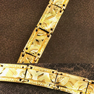 Einzelstück, Gelbgoldarmband 585, gravierte Plättchen mit Ösenverbindungen, Länge 170mm, Breite 8mm, um 1930-1950 - Vintage-Schmuck nur im Onlineshop von danilogold!