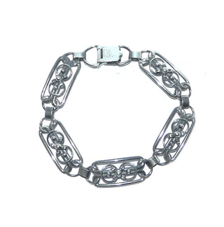 Einzelstück, Handarbeit, florales Glieder-Armband aus 835 Silber besehend aus 5 offen wirkenden Gliedern "Schlaufen und Bögen" + Verschluß, in den Tiefen geschwärzt, Länge 17 cm, Breite ca.1,1 cm, um 1940-1950  -	Vintage-Schmuck nur im Onlineshop von danilogold!