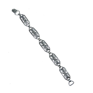 Einzelstück, Handarbeit, florales Glieder-Armband aus 835 Silber besehend aus 5 offen wirkenden Gliedern "Schlaufen und Bögen" + Verschluß, in den Tiefen geschwärzt, Länge 17 cm, Breite ca.1,1 cm, um 1940-1950  -	Vintage-Schmuck nur im Onlineshop von danilogold!