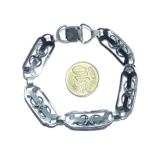 Einzelstück, Handarbeit, florales Glieder-Armband aus 835 Silber besehend aus 5 offen wirkenden Gliedern "Schlaufen und Bögen" + Verschluß, in den Tiefen geschwärzt, Länge 17 cm, Breite ca.1,1 cm, um 1940-1950  -	Vintage-Schmuck nur im Onlineshop von danilogold!