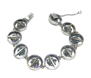 Einzelstück, Vintage-Armband aus 835 Silber mit je 9 Zuchtperlen + Amethyst-Kugeln, bestehend aus 9 offenen Kreisen im skandinavischen Stil, matt + in den Tiefen geschwärzt, verdeckt untergearbeiteter sicherer Verschluß, 20,5 cm lang, um 1960 -	Unikate und Pretiosen nur erhältlich im Onlineshop der Goldschmiede Danilo!
