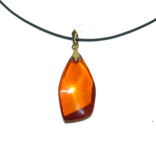 handpoliertes Einzelstück, Vintage-Bernstein-Anhänger als großer, flacher Tropfen in mittlerem Cognac-orange, transpartent, fast ohne Einschlüsse, Schlaufe Gold-Doublé, um 1950 -	Handgefertigtes Unikat! Nur im Danilo Gold Online Shop!