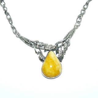 florales Einzelstück, Vintage Bernsteinkette aus 800 Silber in den Tiefen geschwärzt, Länge 48cm, Kette aus liegenden Achten mit je einem Blatt als Mittelpunkt, Butterscotch-Tropfen, Hakenverschluß, spitze Blätter, Polnische Genossenschaft Warmet 1965-1975 - Goldschmiede Danilo