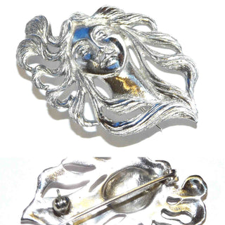 Retro-Einzelstück, Brosche aus 925 Silber "Frauenkopf im Wind", schön halbplastisch ausgearbeitet, besonders die Haare, ca. 44,7 mm x 27,9 mm, ca. 1980-er Jahre - Unikate und Pretiosen nur erhältlich im Onlineshop der Goldschmiede Danilo!