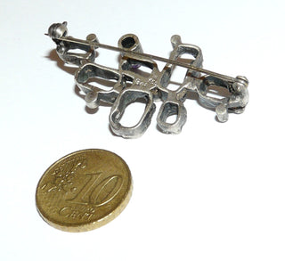 Einzelstück, Vintage-Brosche aus 800 Silber, in Peru gefertigt, durchbrochene, abgerundete Rechtecke mit einem kleinen Amethyst-Kegel, matt + in den Tiefen geschwärzt, um 1970 -	Unikatschmuck nur erhältlich im Onlineshop von Juwelier & Goldschmiede Danilo! 