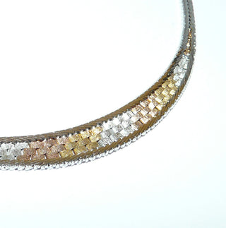 Einzelstück, Vintage-Collier aus 835 Silber, Länge 40 cm, teilweise vergoldet in gelb & rot / tricolor, flaches Fuchsschwanz-Muster, im Mittelteil Flechtoptik / Backstein-Optik, Fischgrät-Rand, Kastenschloß, um 1960 - Goldschmiede Danilo