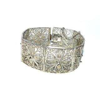 breites Einzelstück, Vintage-Filigran-Armband, Glieder-Armband aus dunklem 900 Silber, 17,5 cm lang bestehend aus 7 filigranen quadratischen Blumen-Elementen, poliert, um 1940, mit Kastenschloß + Sicherheitskette -	Vintage-Schmuck nur im Onlineshop von danilogold!