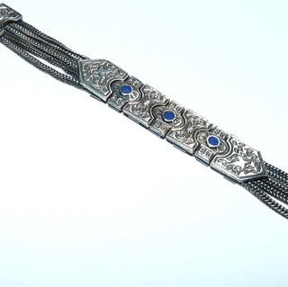Einzelstück, Vintage-Fuchsschwanz-Armband, Armreif, Lapislazuli-Glieder-Armband aus massivem 925 Silber, in den Tiefen gecshwärzt, 4 kleine runde Einlagen aus blauem Lapislazuli, 18 cm lang, wahrscheinlich Indien um 1970, Kastenschloß -	Vintage-Schmuck nur im Onlineshop von danilogold!