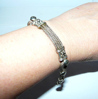 Vintage-Einzelstück, doppelreihiges Fuchsschwanzarmband, Gliederarmband aus massiv 925 Silber, 19,5 cm lang, Indien um 1970, Hakenverschluß und flächige Dekorelemente - Goldschmiede Danilo