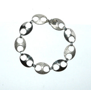 Einzelstück, Vintage-Glieder-Armband, Armkette aus massiv 835 Silber, grob mattiert + poliert im Wechsel, 21 cm lang, 9 ovale Elemente mit Schlaufenverbindungen, Kastenschloß, um 1960 - Vintage-Schmuck nur im Onlineshop von danilogold!