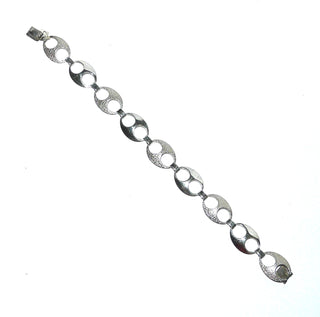 Einzelstück, Vintage-Glieder-Armband, Armkette aus massiv 835 Silber, grob mattiert + poliert im Wechsel, 21 cm lang, 9 ovale Elemente mit Schlaufenverbindungen, Kastenschloß, um 1960 - Vintage-Schmuck nur im Onlineshop von danilogold!