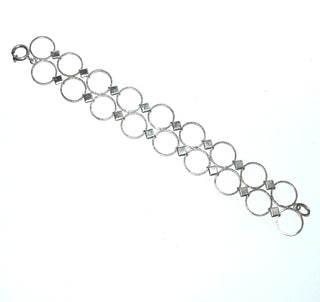 Einzelstück, Vintage-Armband, Glieder-Armband aus massivem 835 Silber, matt + poliert, 21 cm lang, 9 Doppel-Kreis-Elemente mit quadratischen Verbindungen, Federring, um 1960 -	Einzelstücke nur erhältlich bei www.danilogold-shop.de