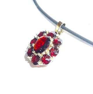 Ovales Einzelstück, Vintage-Granat-Anhänger aus 333 Gold, ovale Rosette bestehend aus 8 runden Steinen im Sternschliff + einem ovalen, facettierten Granat im schönen typischen Rot, in Krappenfassungen gehalten, konischer Kader, Dreieckschlaufe, um 1980 - Goldschmiede-Danilo