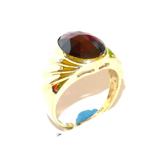 großes Einzelstück, Vintage Granatring, auch als Herrenring aus massiv 585 Gold, eine ovale große Almandin-Granatrose in Zarge gefaßt, feurig dunkelrot mit gebogen gerieften Seitenflächen, Ringweite 56,5, um 1980 - Goldschmiede Danilo