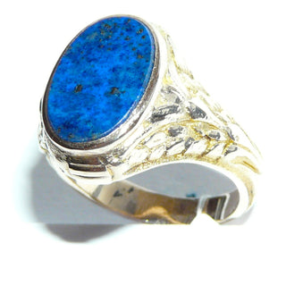 Einzelstück, Vintage Handarbeit, klassischer Herrenring aus massiv 585 Gold mit einem intensiv blauen ovalen Lapislazuli mit schöner Maserung, florales Blattranken-Muster auf den Seitenflächen, poliert, um 1940, Ringweite 62 -	Handgefertigtes Unikat! Nur im Onlineshop von Juwelier & Goldschmiede Danilo!