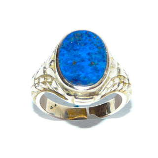 Einzelstück, Vintage Handarbeit, klassischer Herrenring aus massiv 585 Gold mit einem intensiv blauen ovalen Lapislazuli mit schöner Maserung, florales Blattranken-Muster auf den Seitenflächen, poliert, um 1940, Ringweite 62 -	Handgefertigtes Unikat! Nur im Onlineshop von Juwelier & Goldschmiede Danilo!