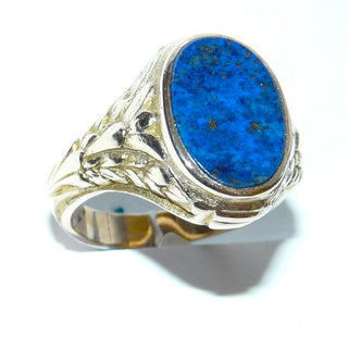 Einzelstück, Vintage Handarbeit, klassischer Herrenring aus massiv 585 Gold mit einem intensiv blauen ovalen Lapislazuli mit schöner Maserung, florales Blattranken-Muster auf den Seitenflächen, poliert, um 1940, Ringweite 62 -	Handgefertigtes Unikat! Nur im Onlineshop von Juwelier & Goldschmiede Danilo!