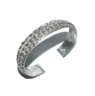 Einzelstück, Vintage-Herren-Armspange, Armreif, Armband, aus Silber poliert, oval, unten offen, Doppelzopf-Muster / Geflecht, halbrunder Querschnitt, 13 mm breit, Innenumfang ca. 19,5 cm, um 1960 -	Herrenschmuck in Gold & Silber nur bei www.danilogold-shop.de