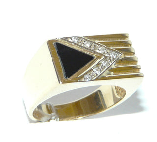 Einzelstück, Vintage-Siegelring, klassischer Herrenring aus massivem 750 Gelbgold, poliert, mit einer dreieckigen Onyx-Platte + im Dreieck im Verschnitt eingefaßten, funkelnden Zirkonia, um 1980, Ringweite 60 -	Vintage-Schmuck nur im Onlineshop von danilogold!