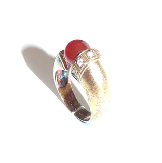 Vintage-Einzelstück, Karneolring aus 925 Silber teilweise vergoldet, mit einer Karneol-Kugel & 5 Zirkonia im Pavé gefaßt, poliert + matt, Ringweite 57, oben offen, daher ist die Weite leicht veränderbar, um 1980 - Goldschmiede-Danilo