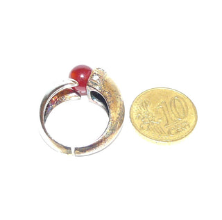 Vintage-Einzelstück, Karneolring aus 925 Silber teilweise vergoldet, mit einer Karneol-Kugel & 5 Zirkonia im Pavé gefaßt, poliert + matt, Ringweite 57, oben offen, daher ist die Weite leicht veränderbar, um 1980 - Goldschmiede-Danilo