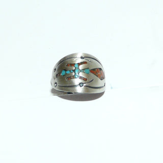 Vintage-Einzelstück, Mosaik-Ring aus 925 Silber mattiert, Mosaik-Einlagen aus Türkis & rote Koralle, wahrscheinlich indianische Handarbeit, um 1970, Ringweite 50 - Goldschmiede Danilo