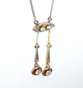 Vintage, Jugendstil, Negligé-Collier um 1920, mit Altschliff-Diamanten zusammen ca. 0,48 Karat, 585 bicolor Gold, Länge 40 cm, Panzerkette, Mittelteil von hinten Gelbgold, Frontansicht Weißgold – erhältlich im Danilo-Gold Online Shop - dem Online Store von Juwelier & Goldschmiede Danilo 